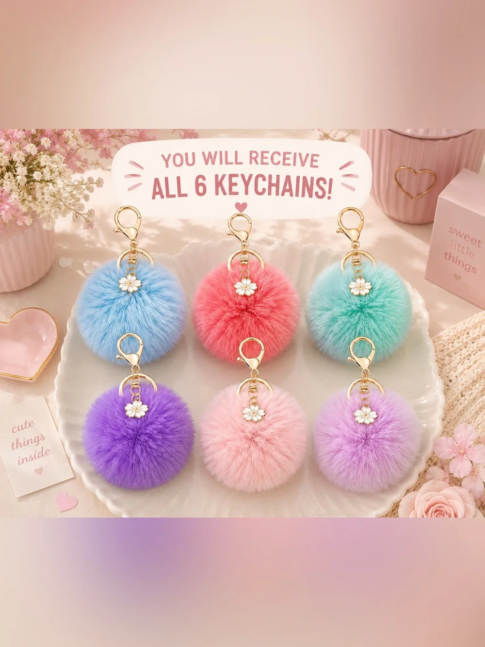 🌸 Set of 6 Plush Pom-Pom Keychain Charms 🌸
